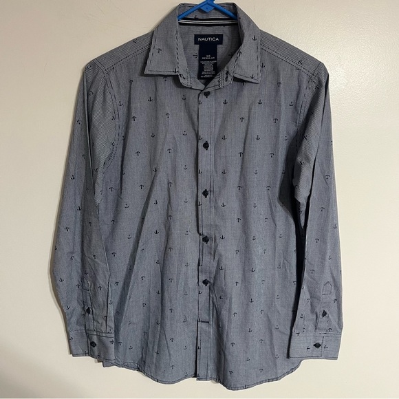 Boys Nautica Long Sleeve Button Down Shirt Anchor Print Size 16 Nautical Preppy - Picture 1 of 7